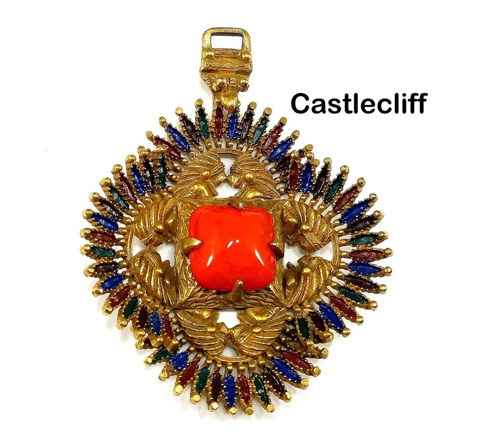 Vintage Castlecliff Pendant Orange Art Glass Gold Enamel Large Statement Jewelry